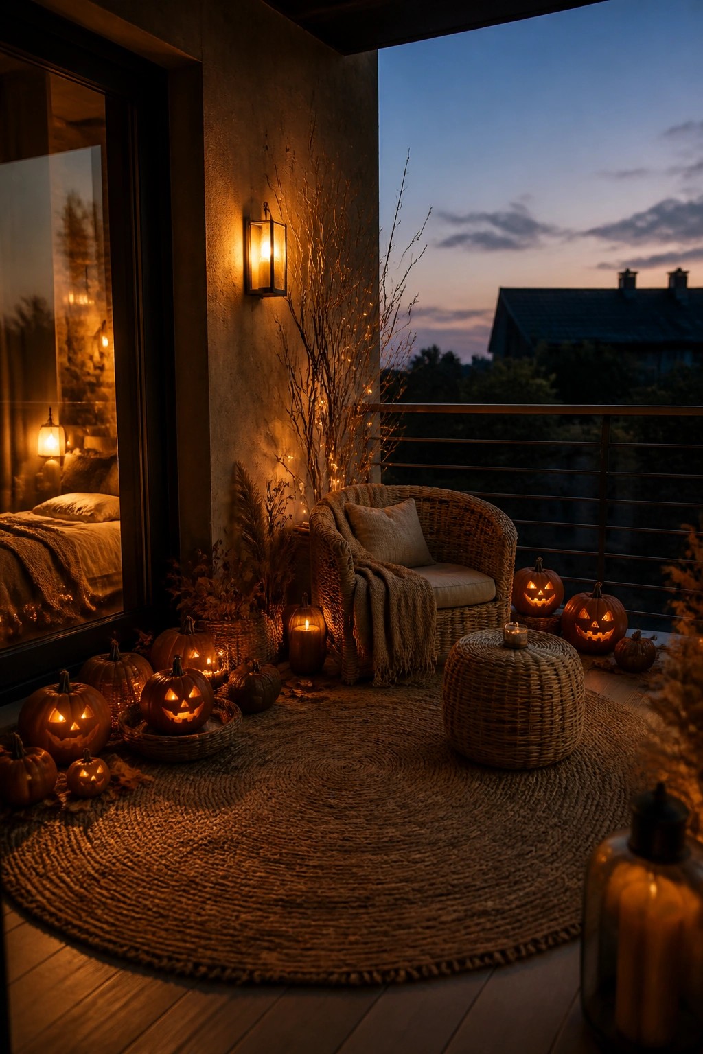 Balcony connected to a bedroom with multiple carved and lit jack o lanterns arranged on a round jute rug next to a wicker chair.