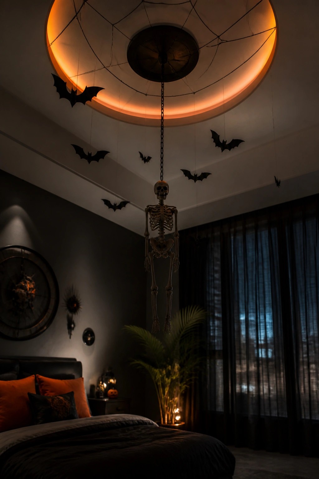 Hanging skeleton with bats and spiderweb ceiling in dimly lit Halloween bedroom.