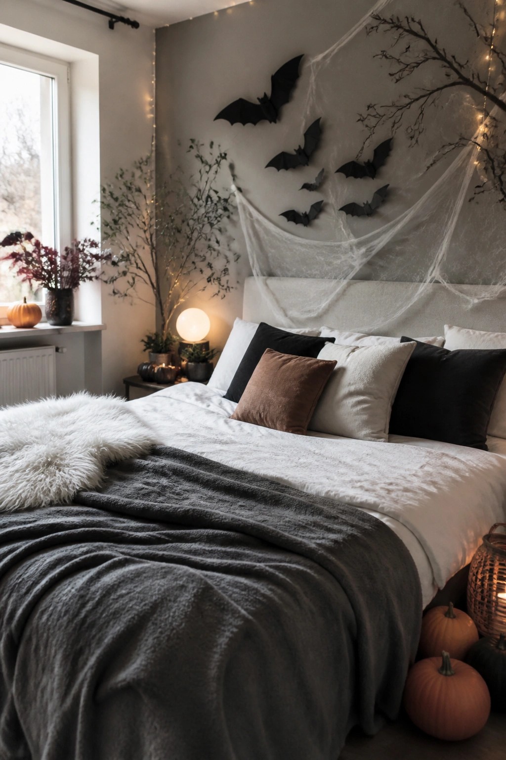 Bedroom wall above a bed decorated with multiple black bats of varying sizes, white spiderweb material, and thin branches with string lights.