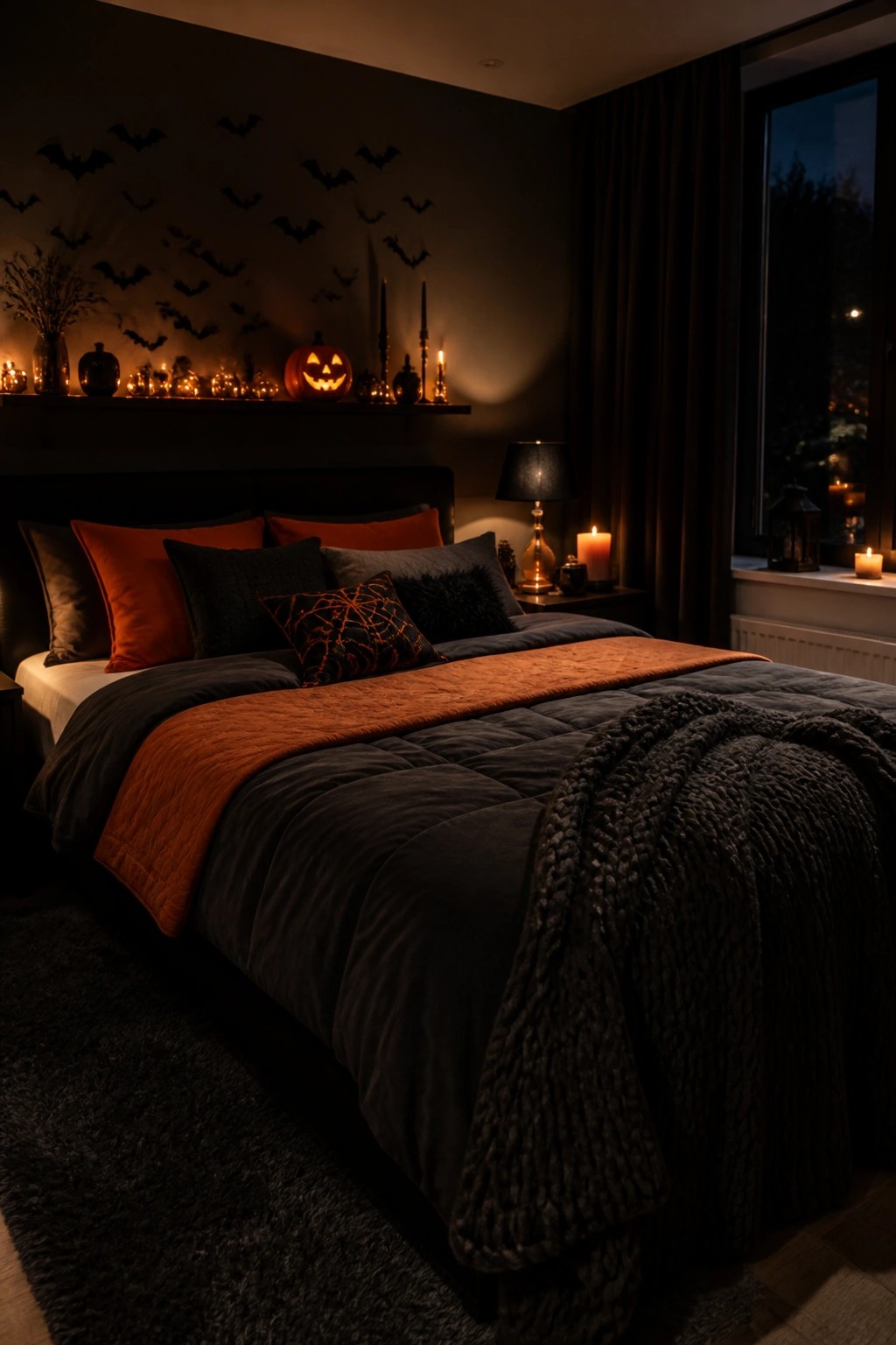 Bedroom with black bat cutouts arranged on the wall above the bed and a carved jack-o'-lantern on the shelf.