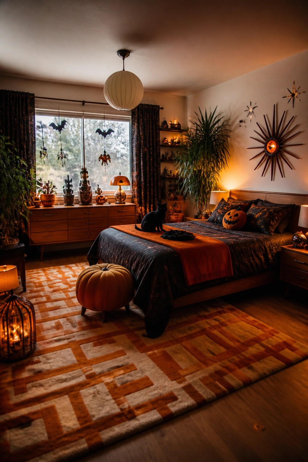 Bedroom with several black bat decorations hanging in front of a window, a jack-o'-lantern pillow on the bed, and a black cat figure on the bedding.