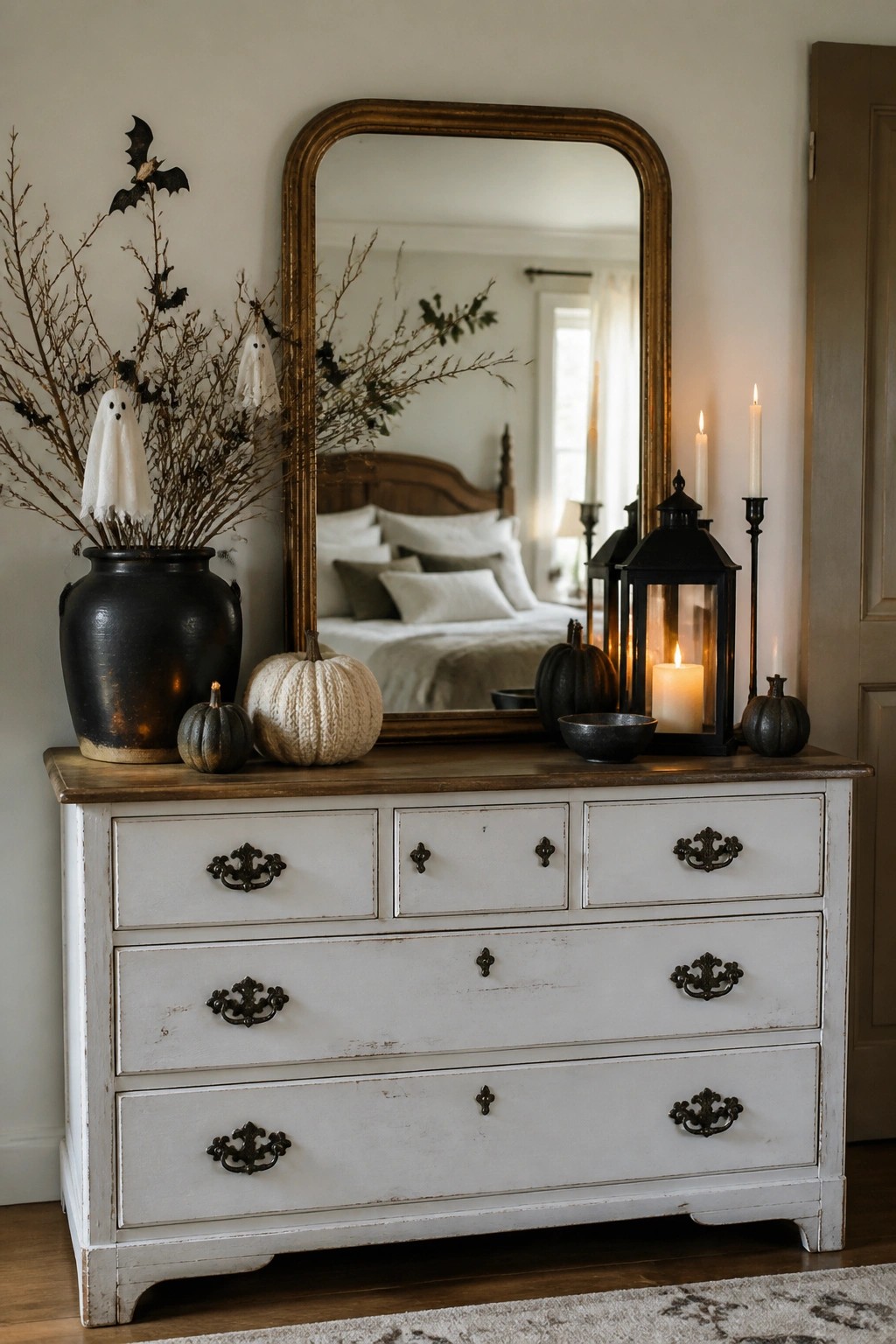 A white bedroom dresser with a large mirror, black branches holding white ghost figures and black bats, along with a few pumpkins and a lit lantern.