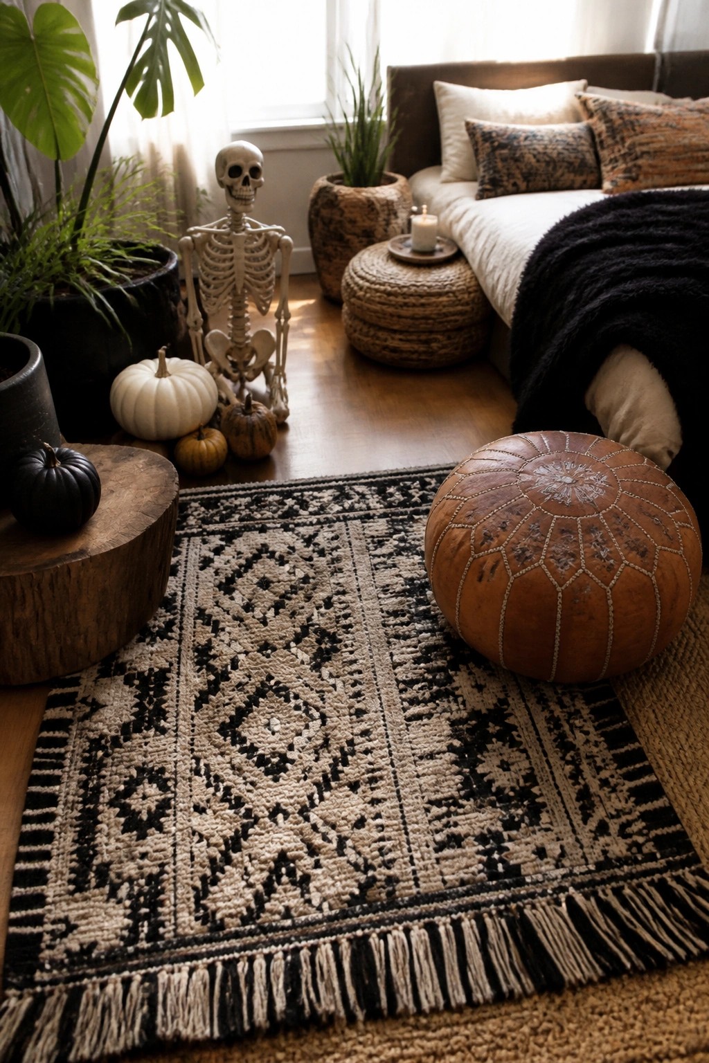 Bedroom corner with a standing skeleton decoration placed among potted plants and small pumpkins on a wooden floor beside a patterned rug.