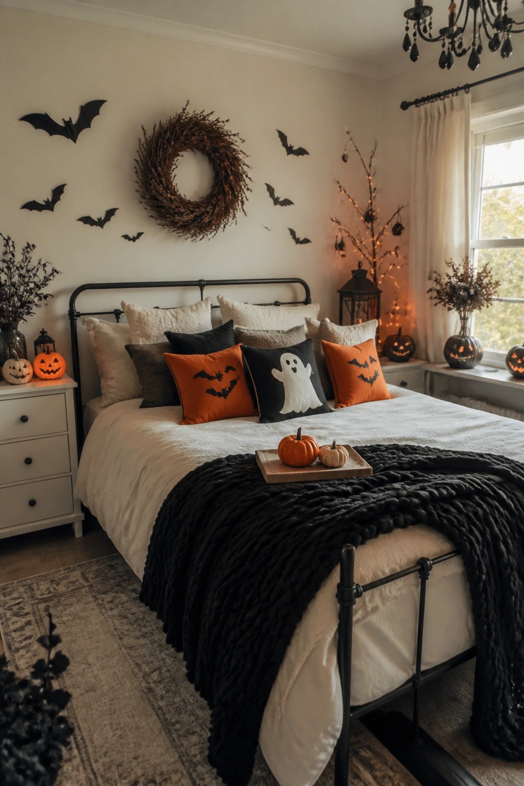 Bedroom with black bat cutouts arranged on the wall above a bed that has ghost and bat pillows along with orange accents.