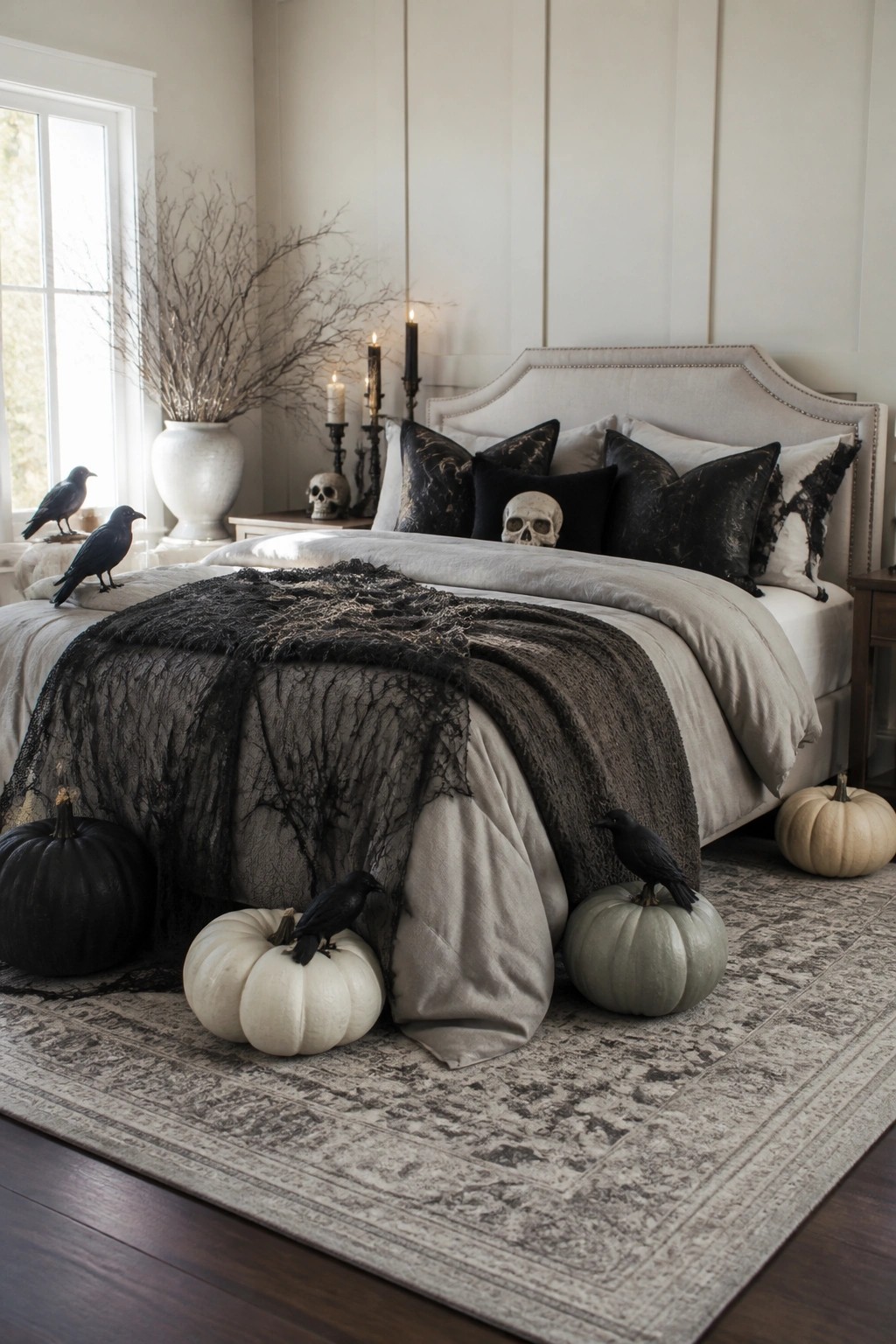 Neutral bedroom with skulls on pillows, black crows perched on pumpkins and bedding, and a black web throw across the bed.