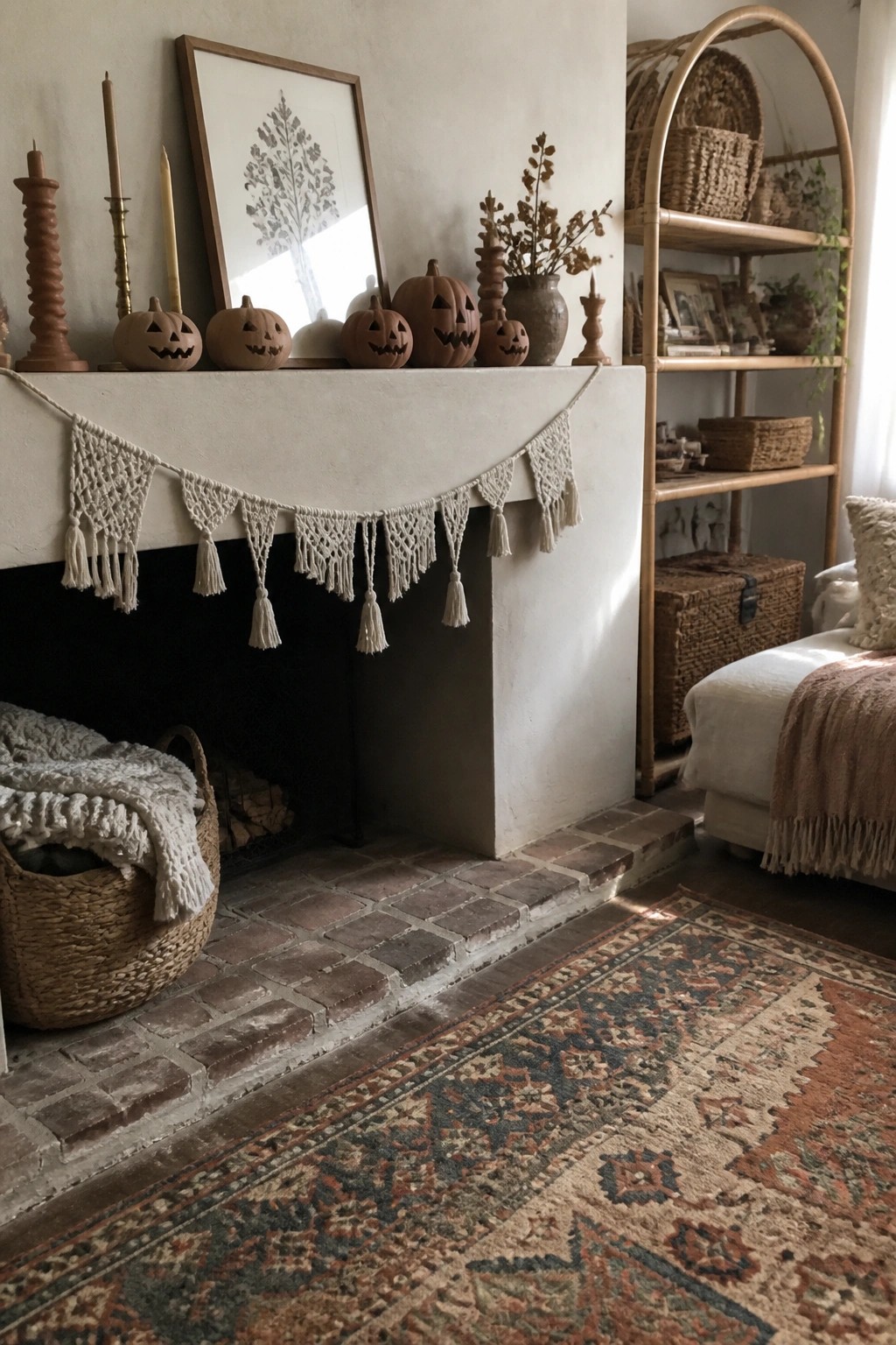 A white macrame garland hangs from a concrete fireplace mantle lined with small carved pumpkins in earthy tones, with a woven basket and patterned rug visible in the room.