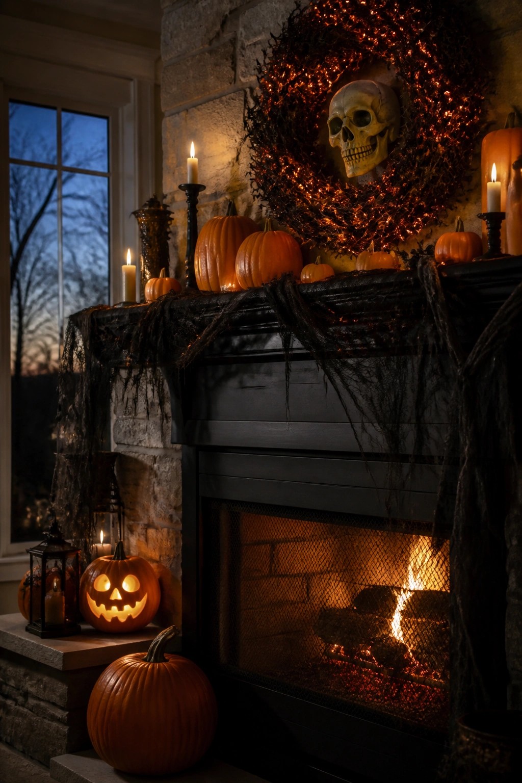 Stone fireplace mantel decorated with a large wreath holding a skull, multiple orange pumpkins, lit candles, and black cobwebs, with a fire visible behind the screen.