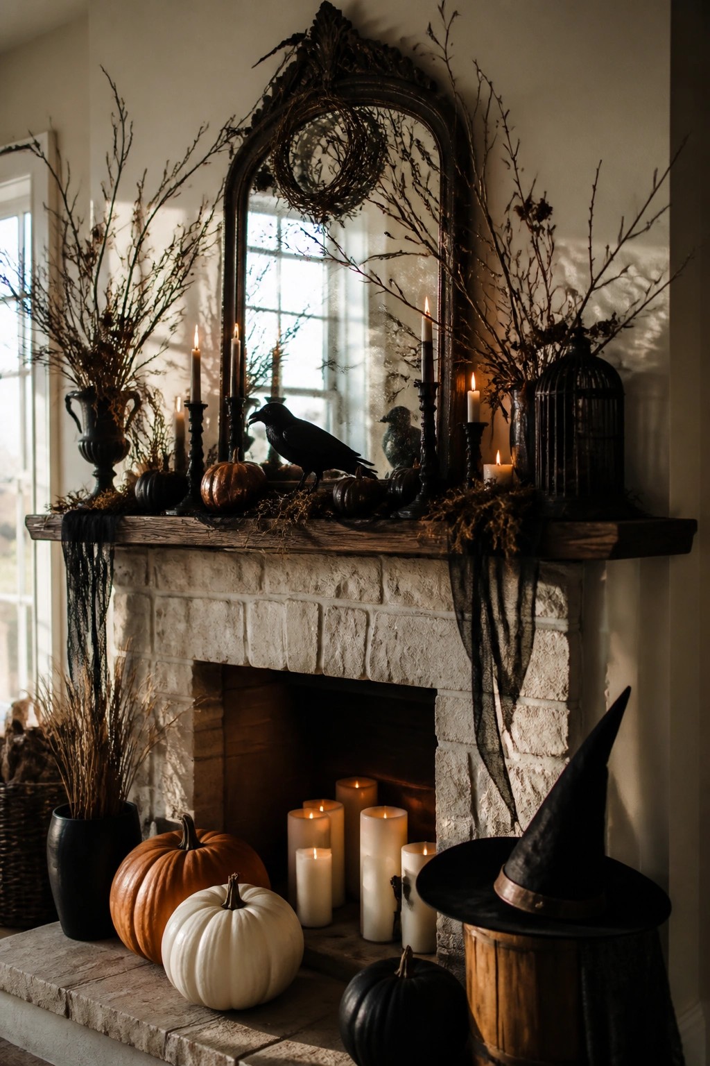 A stone fireplace mantel decorated for Halloween with black crows, lit candles, bare branches, pumpkins, and a witch hat.