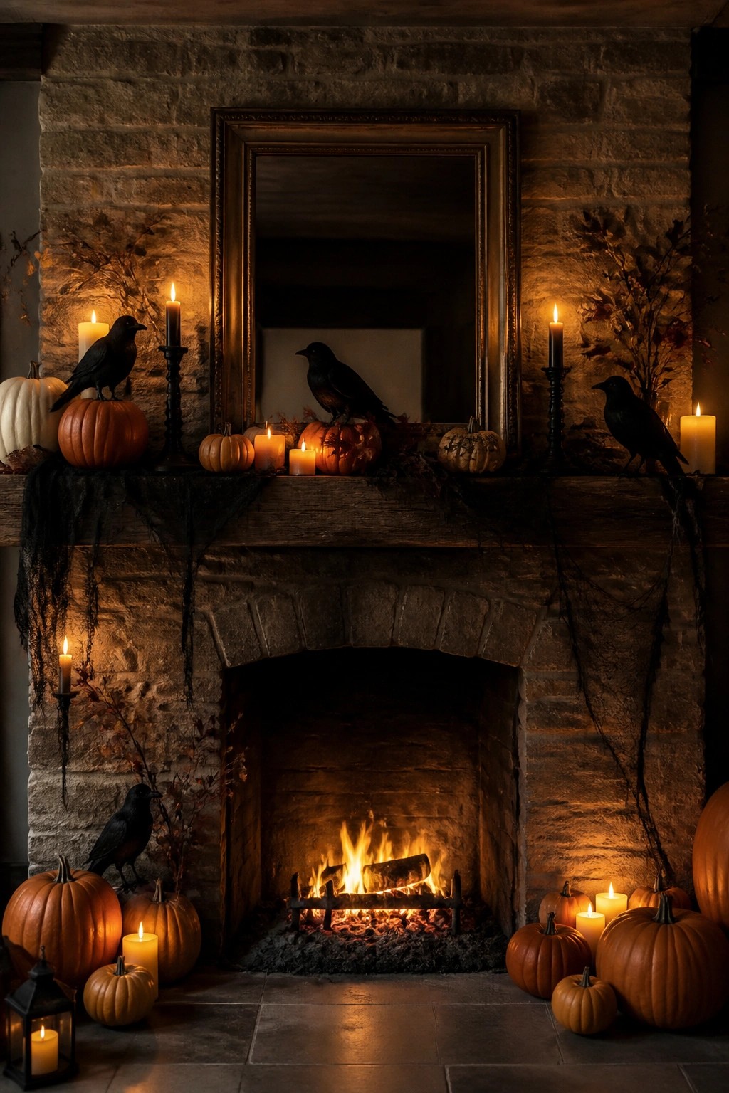 Stone fireplace with a wooden mantel decorated with black crows, pumpkins, and lit candles.