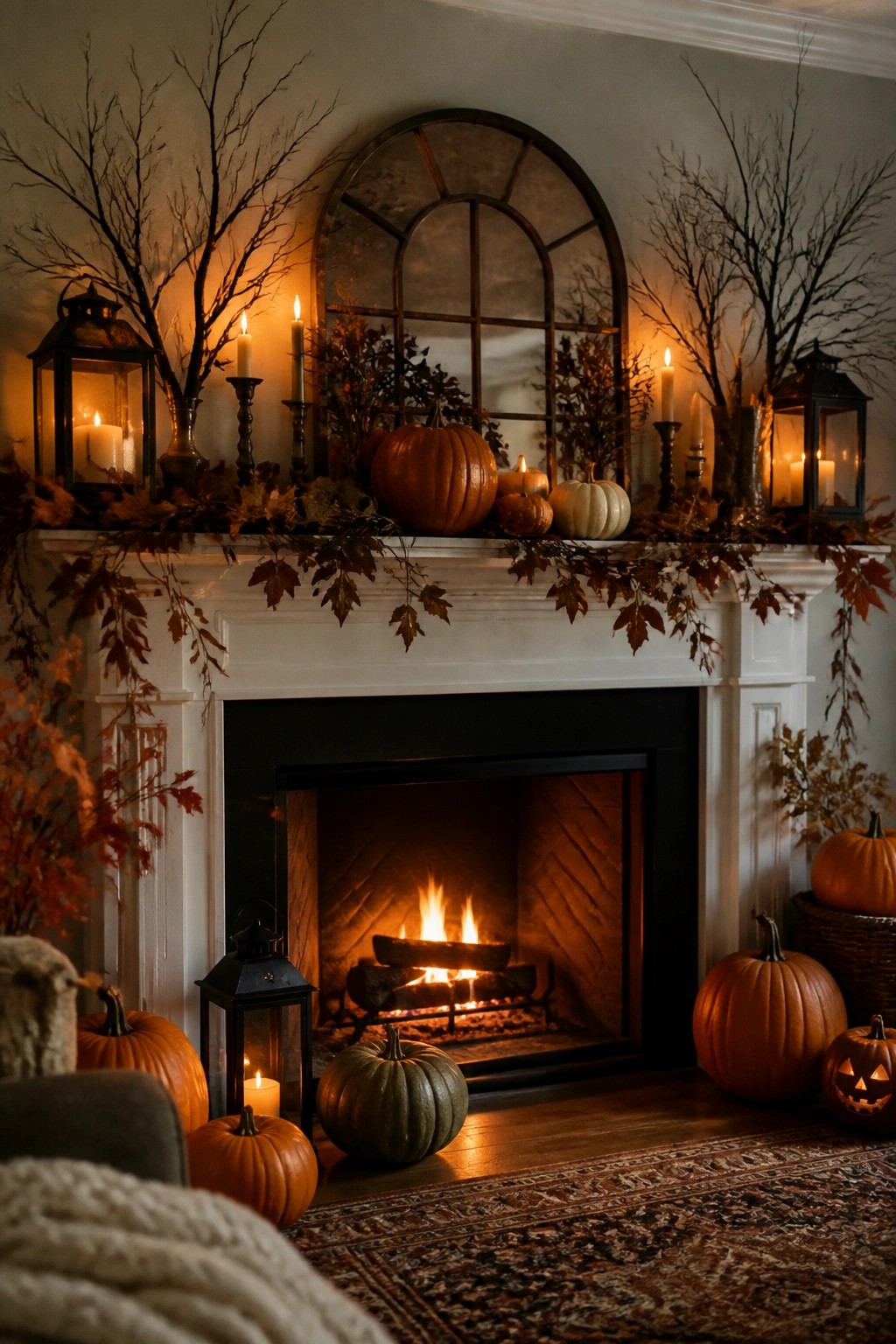 White fireplace mantel decorated with orange, white, and green pumpkins, candles, lanterns, and autumn leaves above a lit fire.