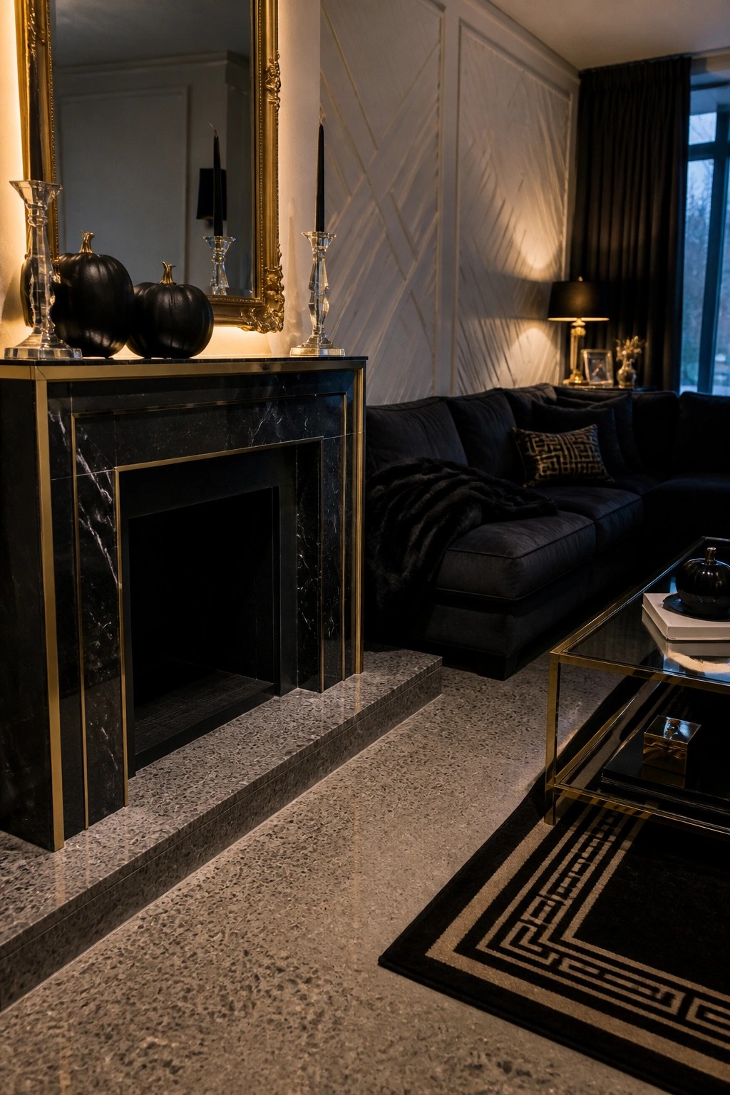 Luxurious dark living room with black marble fireplace, gold accents, and velvet sofa