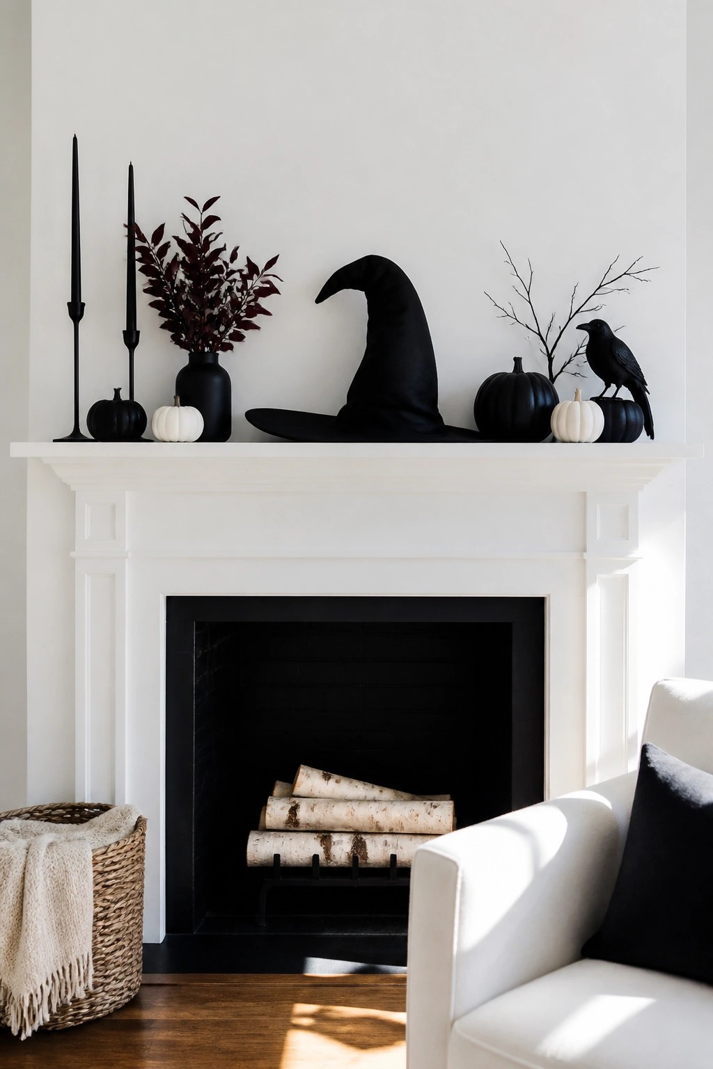 A white fireplace mantel styled with a large black witch hat as the centerpiece, flanked by black pumpkins, a crow, and dark branches.