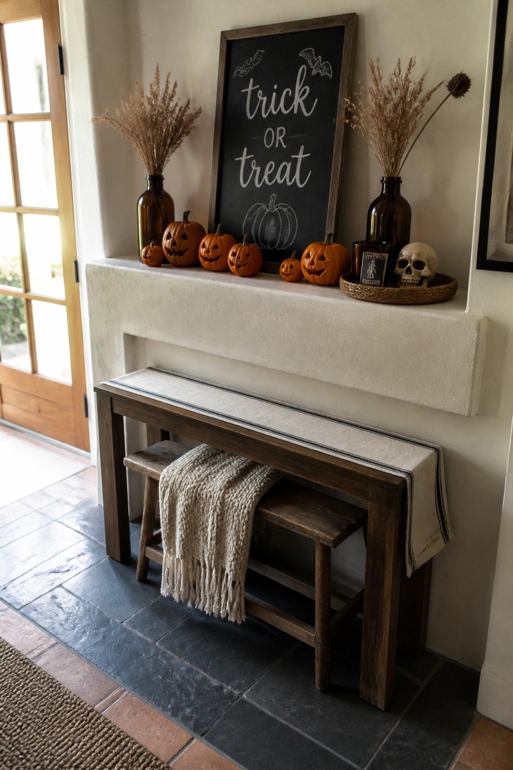A white fireplace mantel decorated for Halloween with a large central chalkboard sign reading trick or treat, flanked by small carved pumpkins and dried grasses in brown glass bottles, with a wooden bench and blanket below.