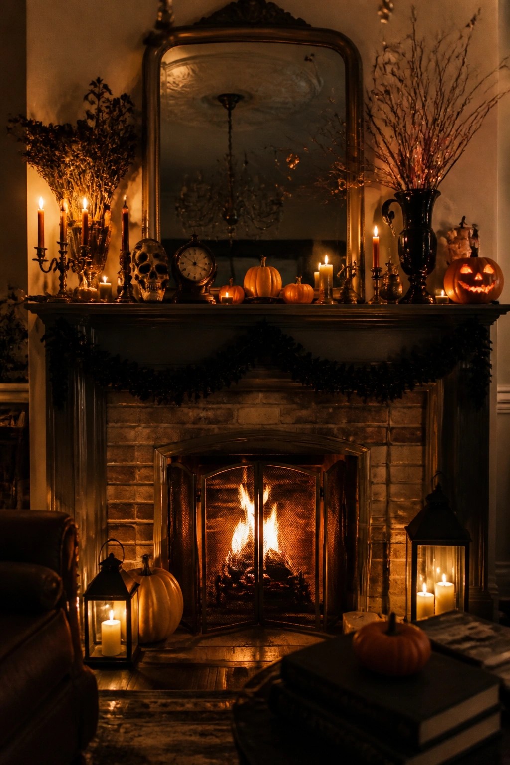 Fireplace mantel styled with skulls, lit candles, small pumpkins, and dark garland for Halloween.