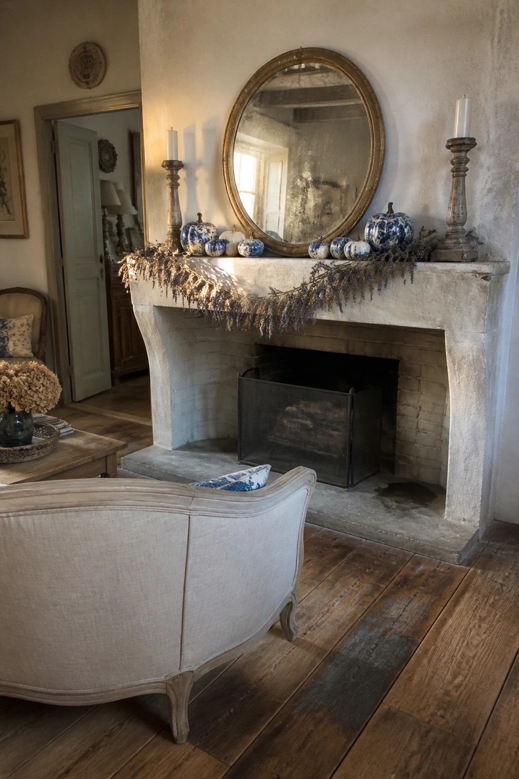 A stone fireplace mantel decorated with a dried lavender garland, blue and white pumpkins, and tall candles in a rustic living room.
