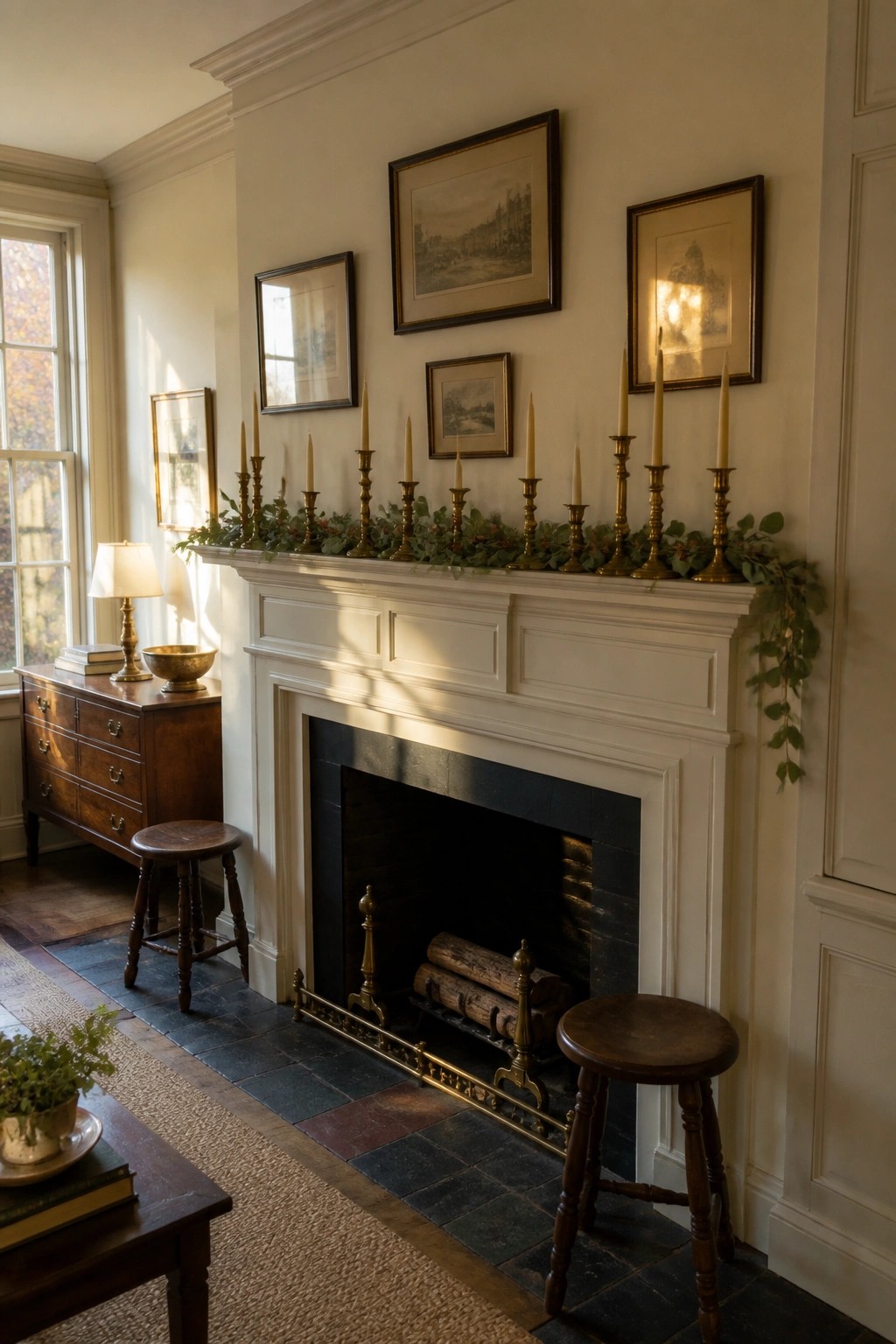 White fireplace mantel with brass candlesticks, candles, framed art, and wooden stools in sunlight
