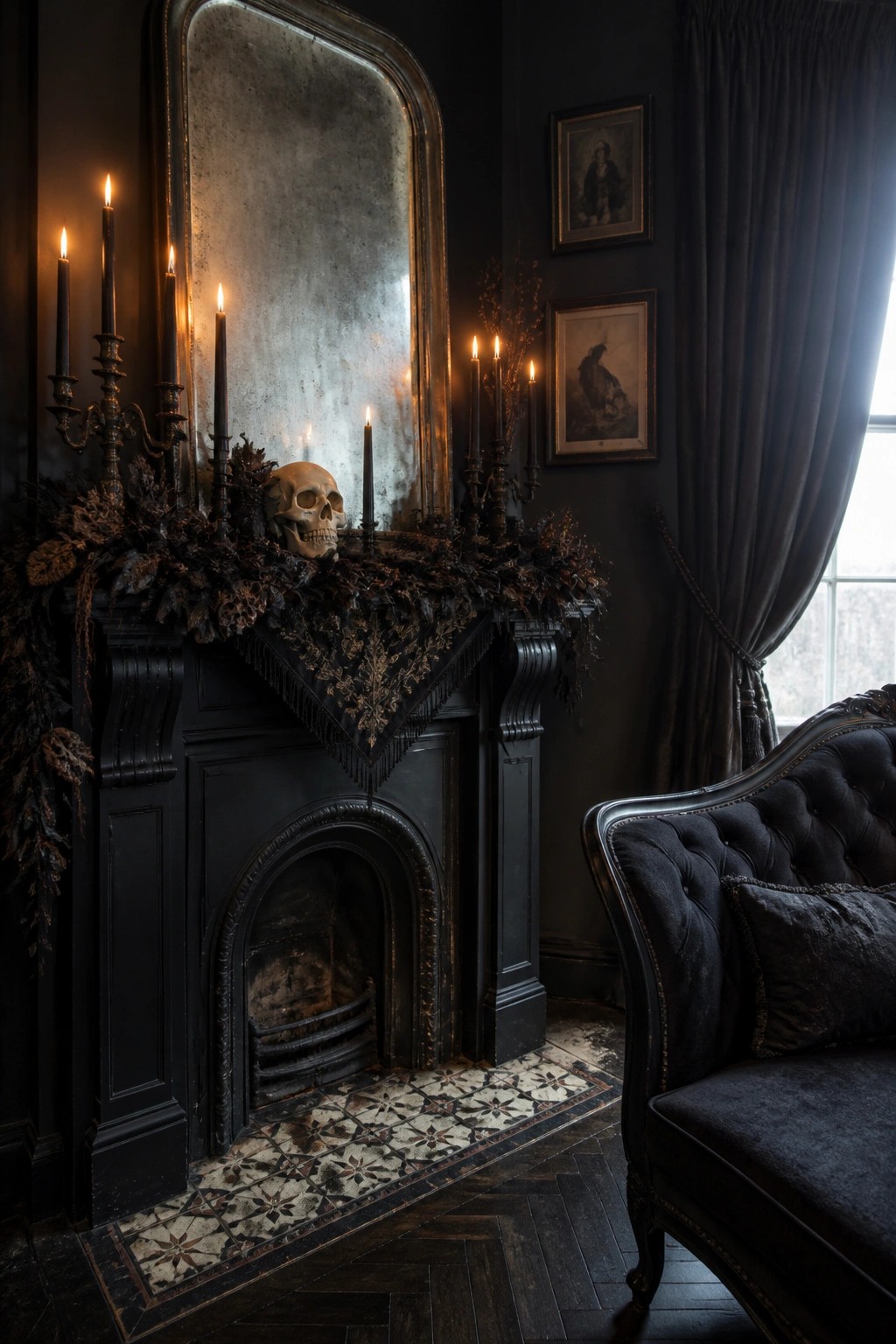 A black fireplace mantel covered in dark dried foliage with black candles and a skull, set in a dimly lit room with a tufted velvet sofa.