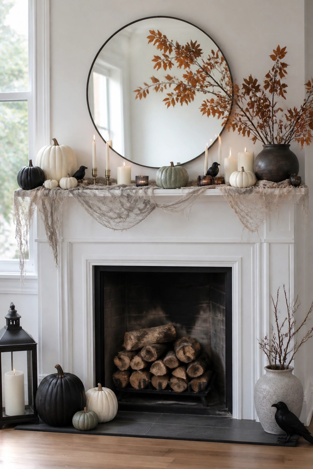White fireplace mantel styled with draped spiderweb garland, black crows, neutral pumpkins, and white candles under a round mirror.