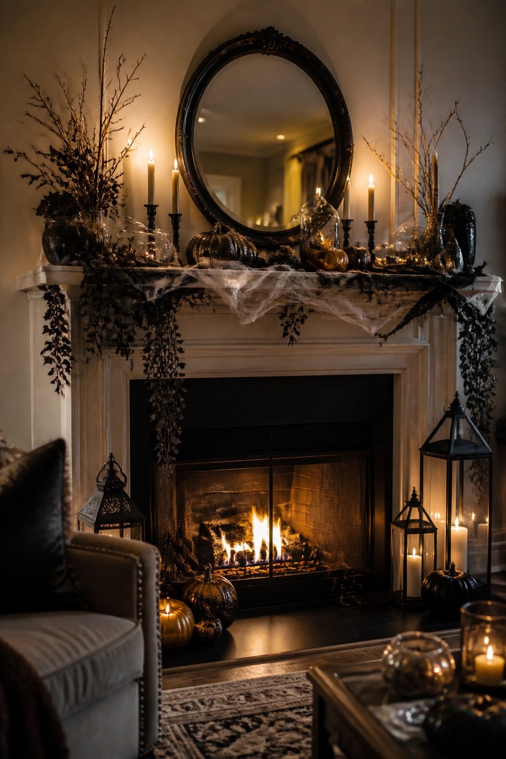 White fireplace mantel decorated for Halloween with draped spiderwebs, black branches in vases, pumpkins, and lit candles.