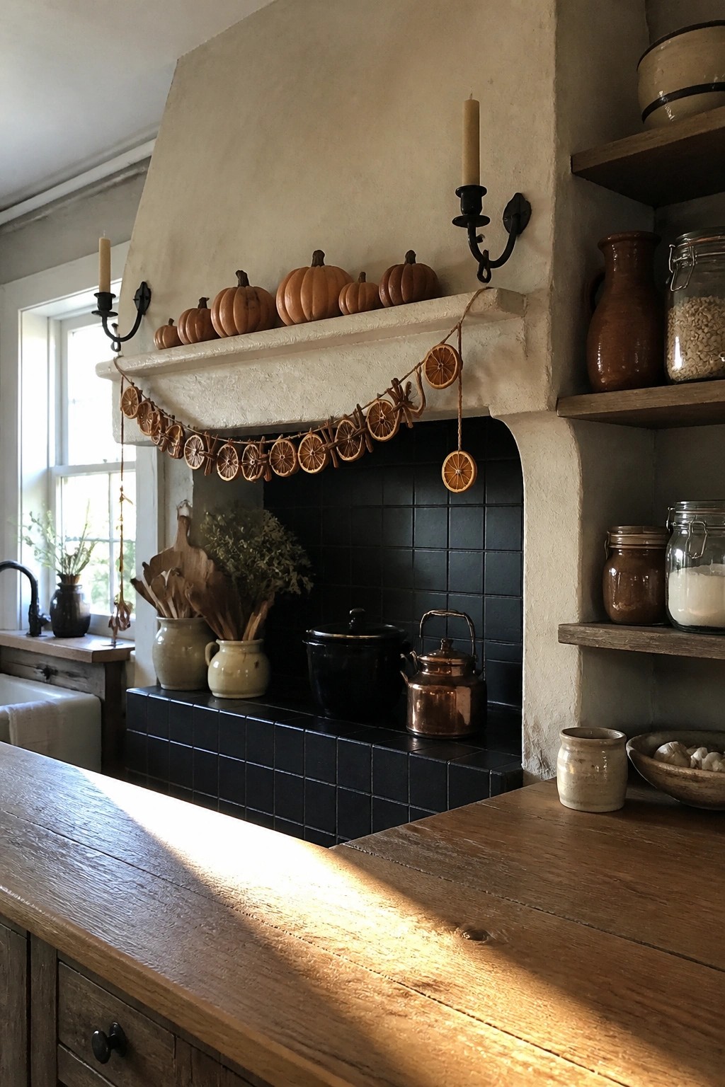 A kitchen fireplace with a garland of dried orange slices across the mantle and small pumpkins arranged on the shelf above black tile.