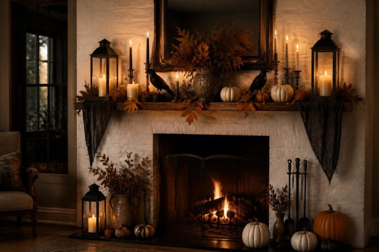White fireplace mantel decorated with orange, white, and green pumpkins, candles, lanterns, and autumn leaves above a lit fire.