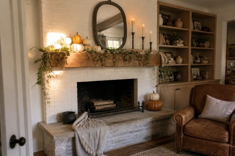 A white brick fireplace topped with a rustic wooden mantel holding pumpkins, candles in holders, and greenery, with a round mirror centered above.