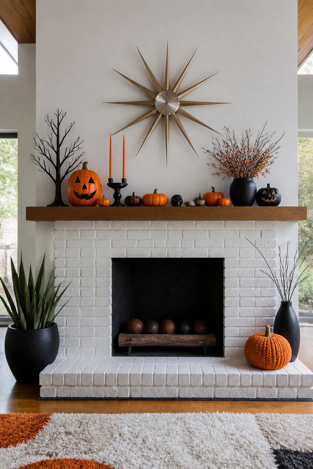 White brick fireplace mantel decorated with multiple carved jack o lanterns, orange taper candles, black vases, and small pumpkins.