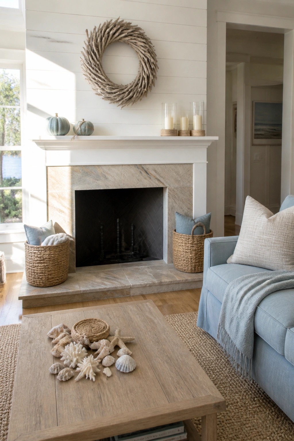 A living room fireplace with white shiplap above the mantel, a large twig wreath centered on the wall, small pumpkins on the mantel ledge, and candles in glass holders.