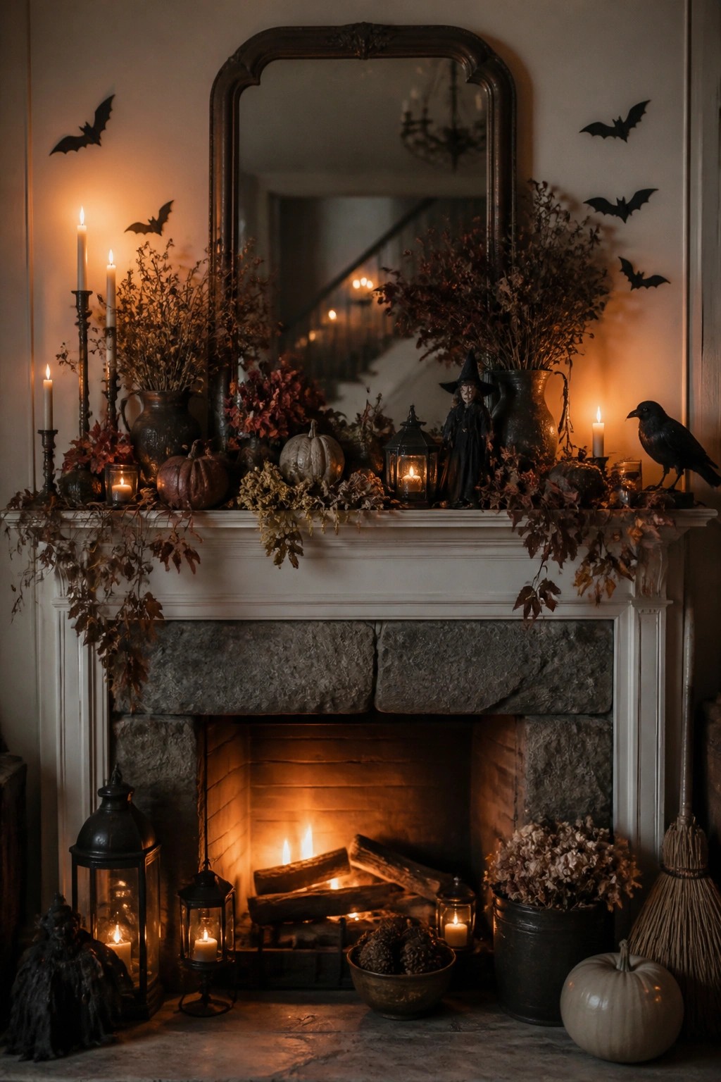 White fireplace mantel decorated with black bat cutouts around a large mirror, a small witch figure, a black crow, pumpkins, and lanterns.