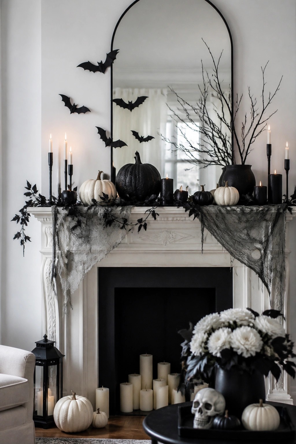 White fireplace mantel styled for Halloween with black bats arranged around an arched mirror, black and white pumpkins, candles, and spiderweb fabric.