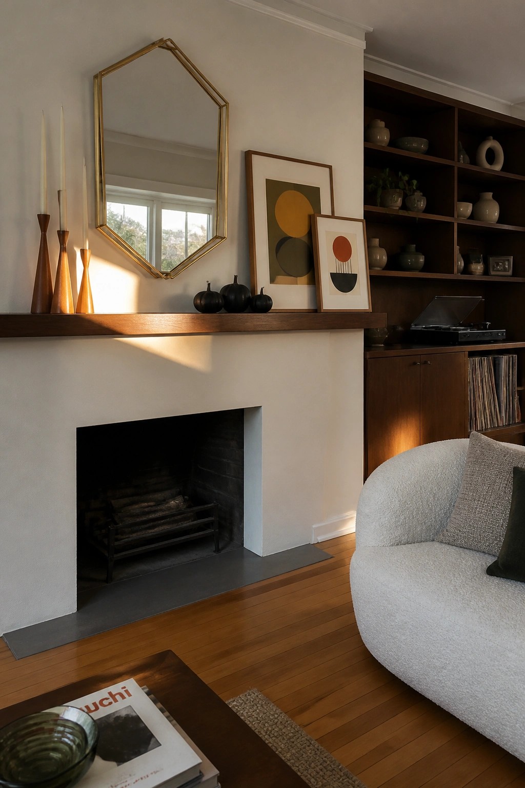 A white fireplace mantel holds three small black pumpkins, tall taper candles in wooden holders, and two framed abstract prints, with a gold geometric mirror mounted above.