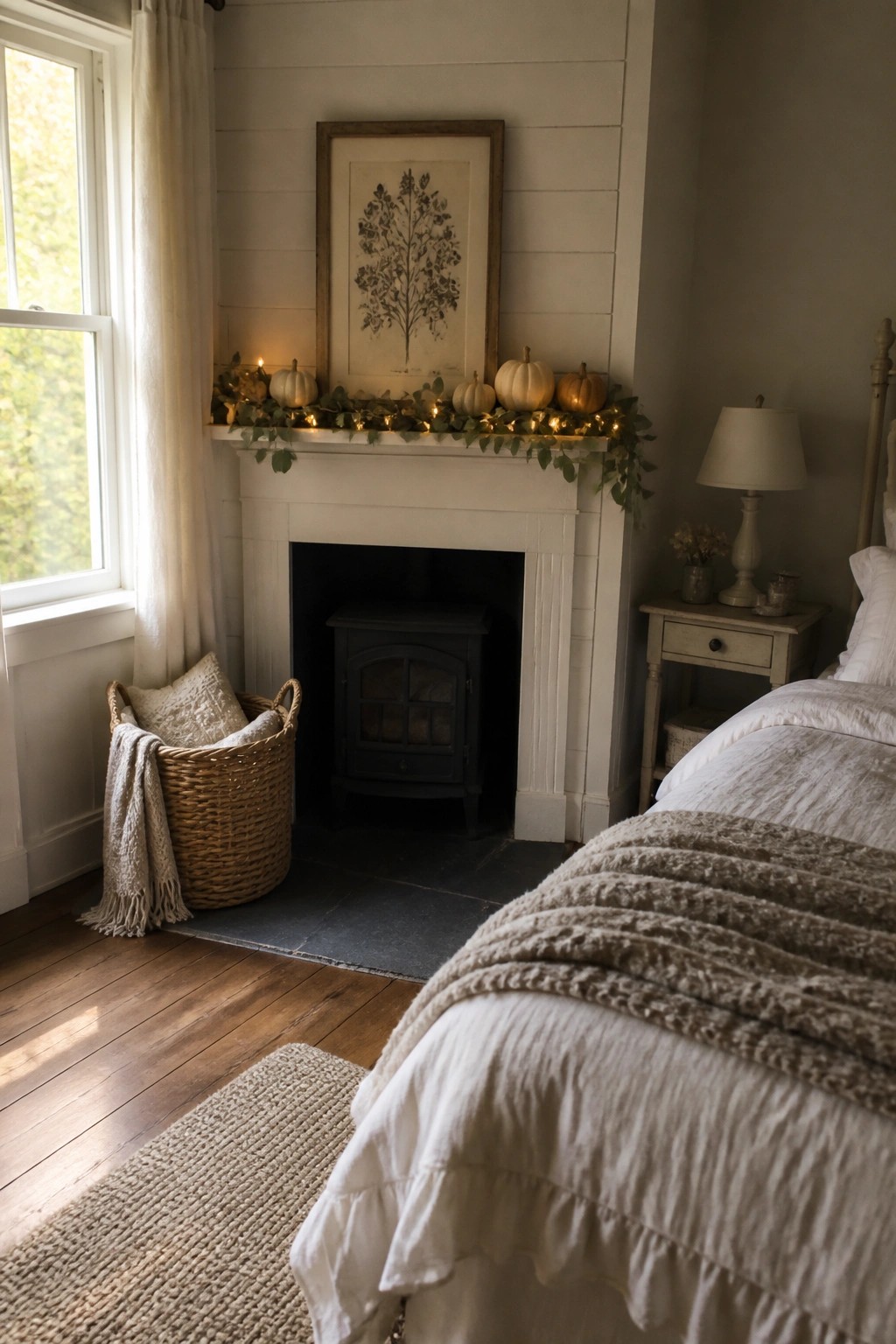Cozy bedroom with white fireplace, pumpkin garland, string lights, and ruffled white bedding.