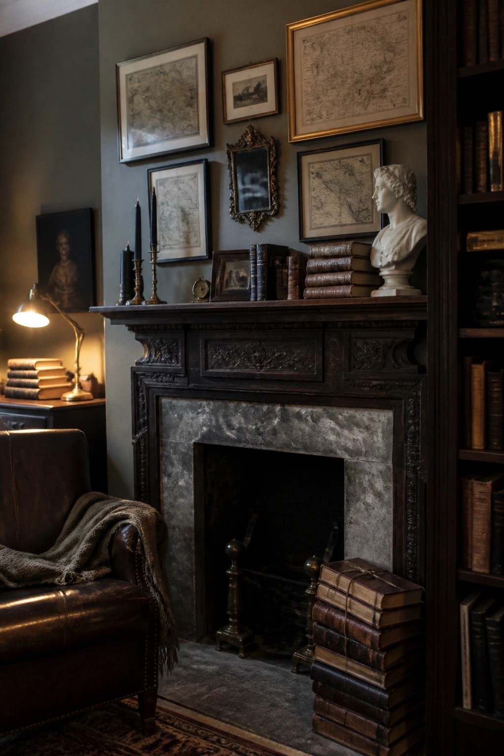 A dark wooden fireplace mantel decorated with stacks of old books, framed maps, a white bust, and black candles against an olive green wall.