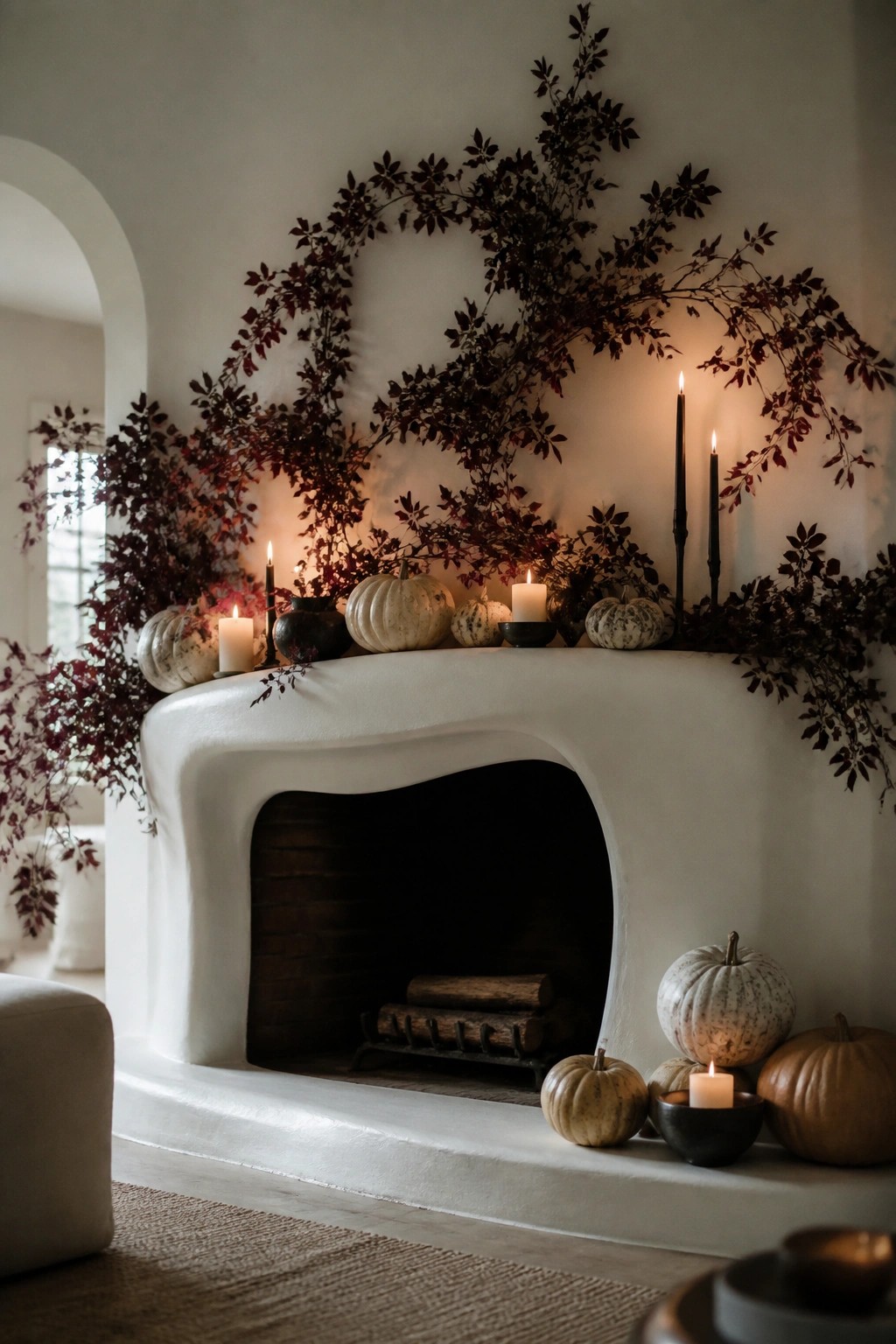 White fireplace mantel lined with assorted pumpkins, lit candles, and dark foliage for a Halloween display.