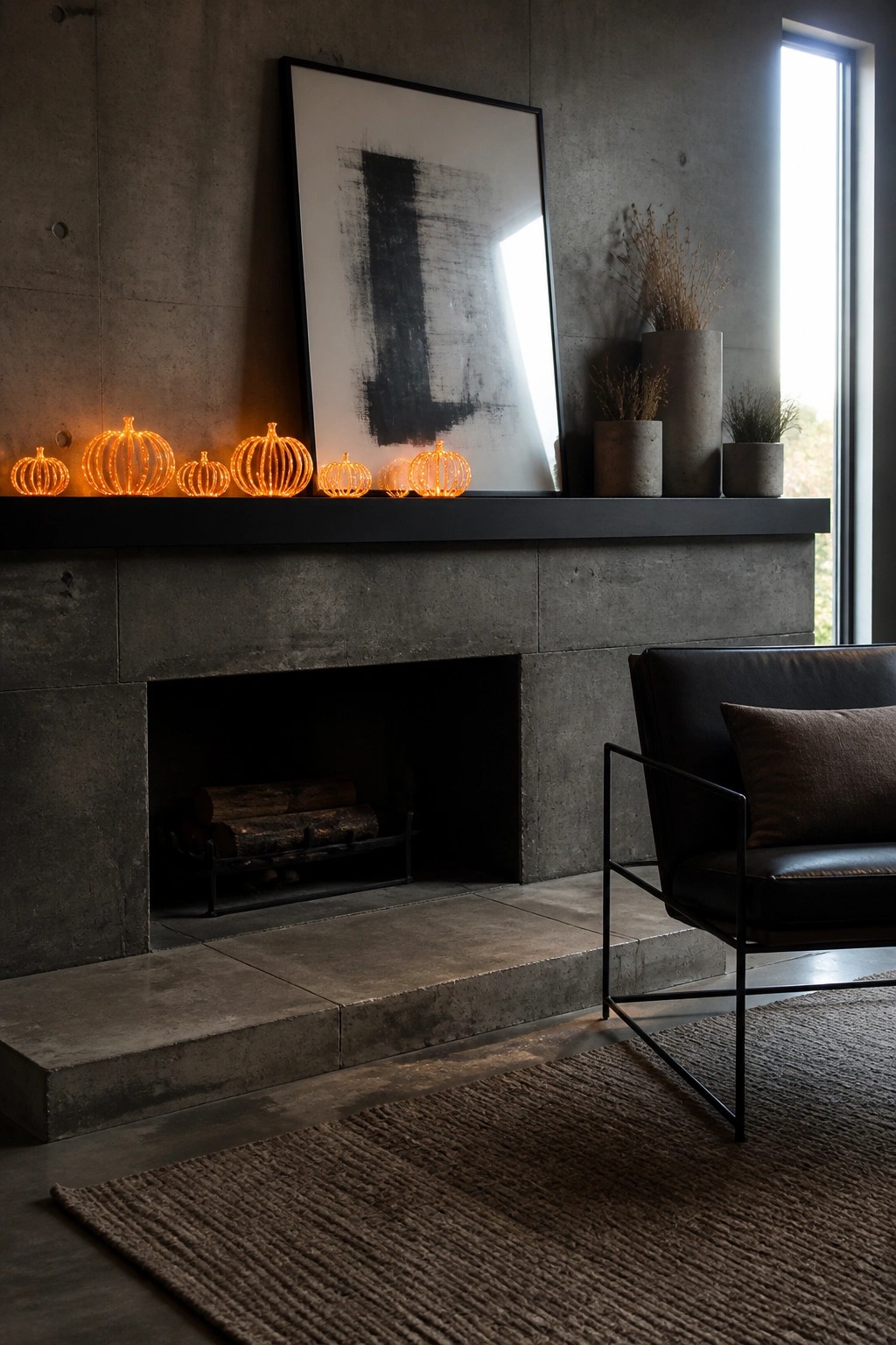A concrete fireplace with a black mantle displaying a row of illuminated pumpkin lights, abstract art above, concrete planters to the right, and a black leather chair in the foreground.