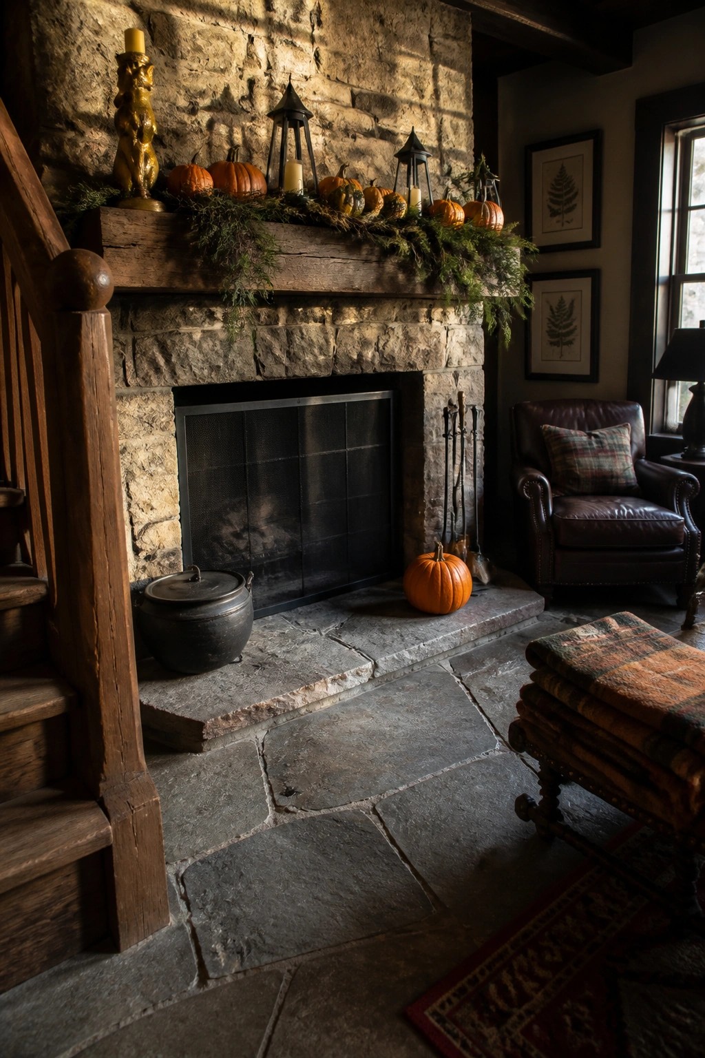 A rustic stone fireplace with a wooden mantel lined with a greenery garland holding small pumpkins, candles, and lanterns.