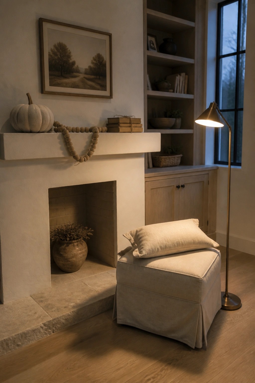 Cozy fireplace with white pumpkin and beads on mantel beside beige ottoman and lit floor lamp