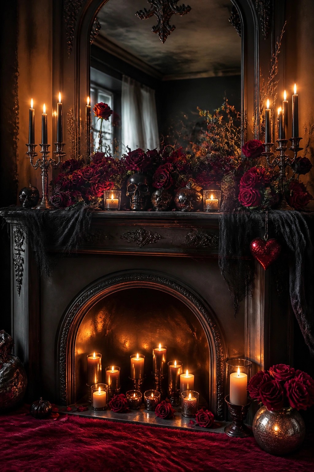 Dark fireplace mantel styled with black skulls, red roses, and lit black candles for Halloween.
