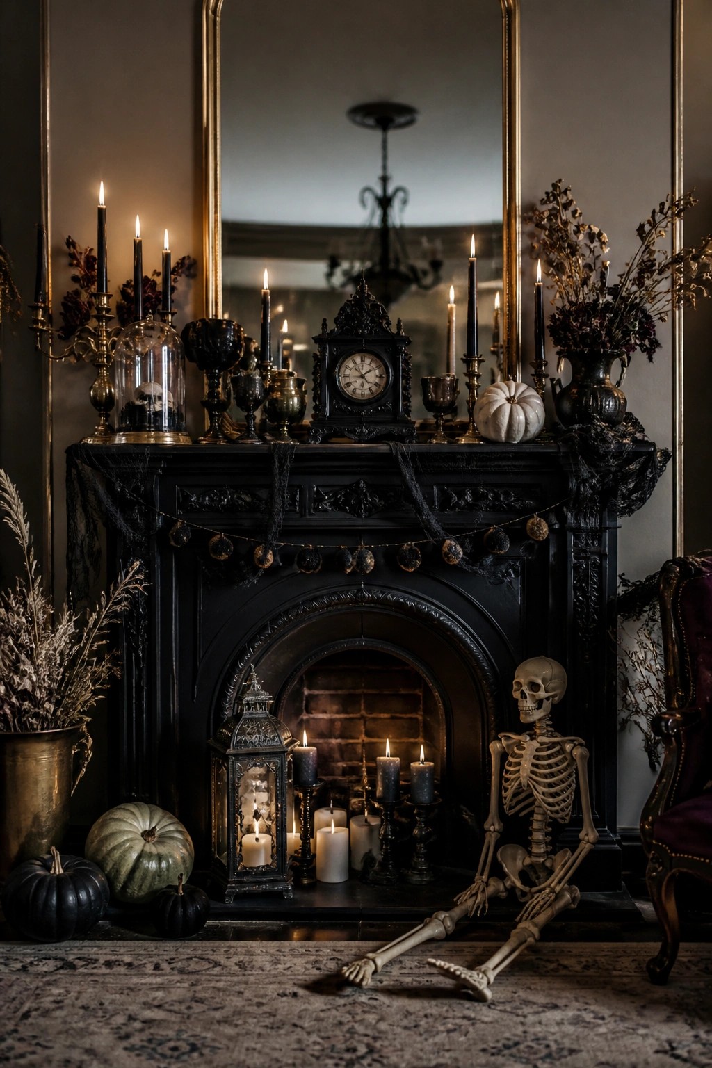 Gothic black fireplace with lit candles, pumpkins, dried florals, and seated skeleton