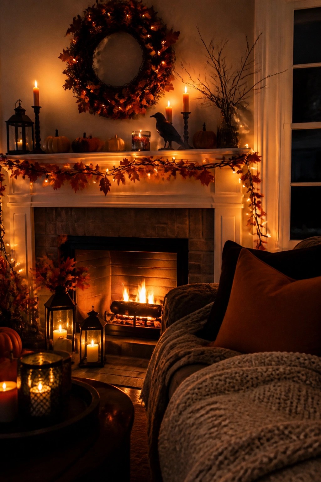 A white fireplace mantel decorated for Halloween with a large leaf wreath, string lights, candles, small pumpkins, and a black crow figure.