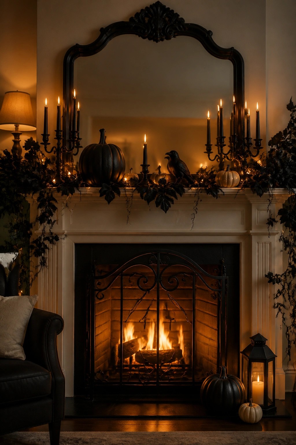 White fireplace mantel decorated with black pumpkins, a black crow, multiple black candelabras with lit candles, and dark leafy garland strung with lights.