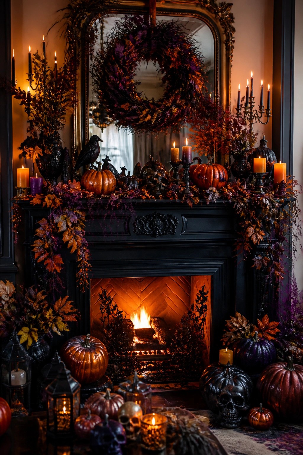 Black fireplace mantel decorated with skulls, crows, orange and black pumpkins, and lit candles in front of a burning fire.