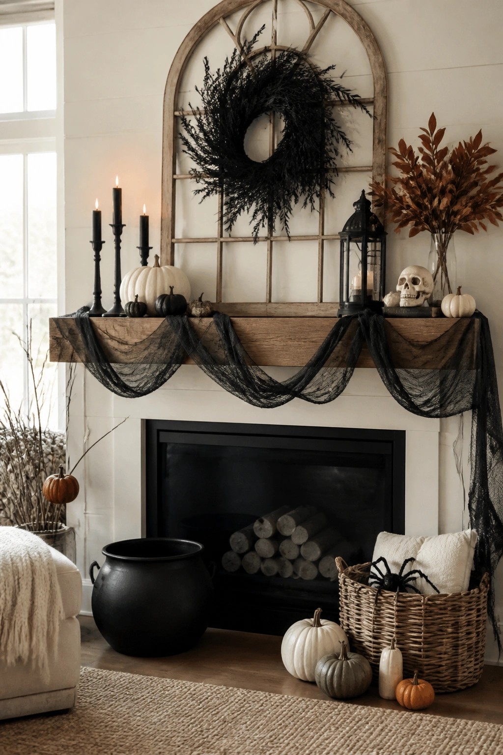 A wooden fireplace mantel decorated with a large black wreath, black candles, a skull, black fabric drape, and small pumpkins.