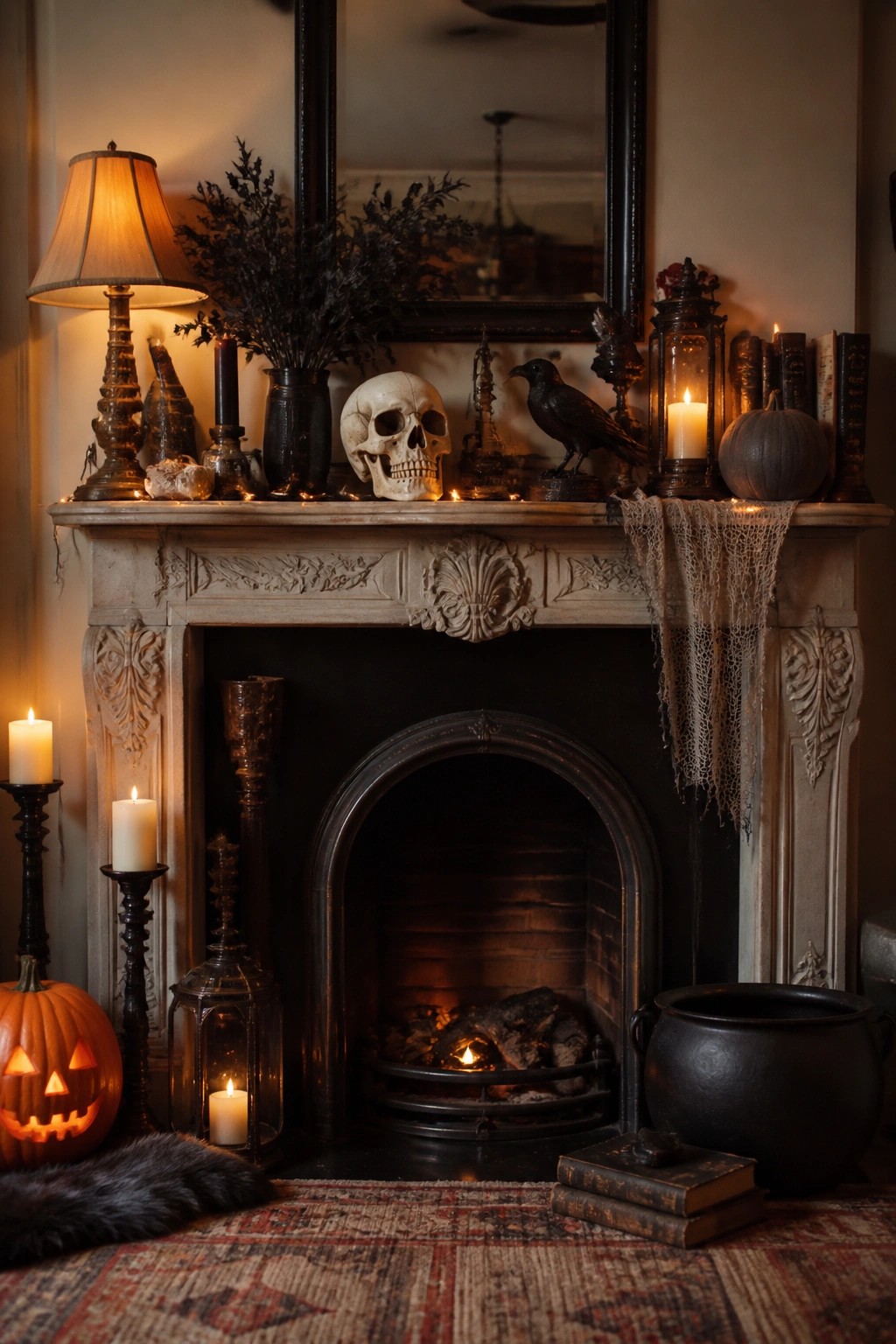 A stone fireplace mantel decorated with a white skull, black crow statue, candles, lanterns, and a small pumpkin for Halloween.