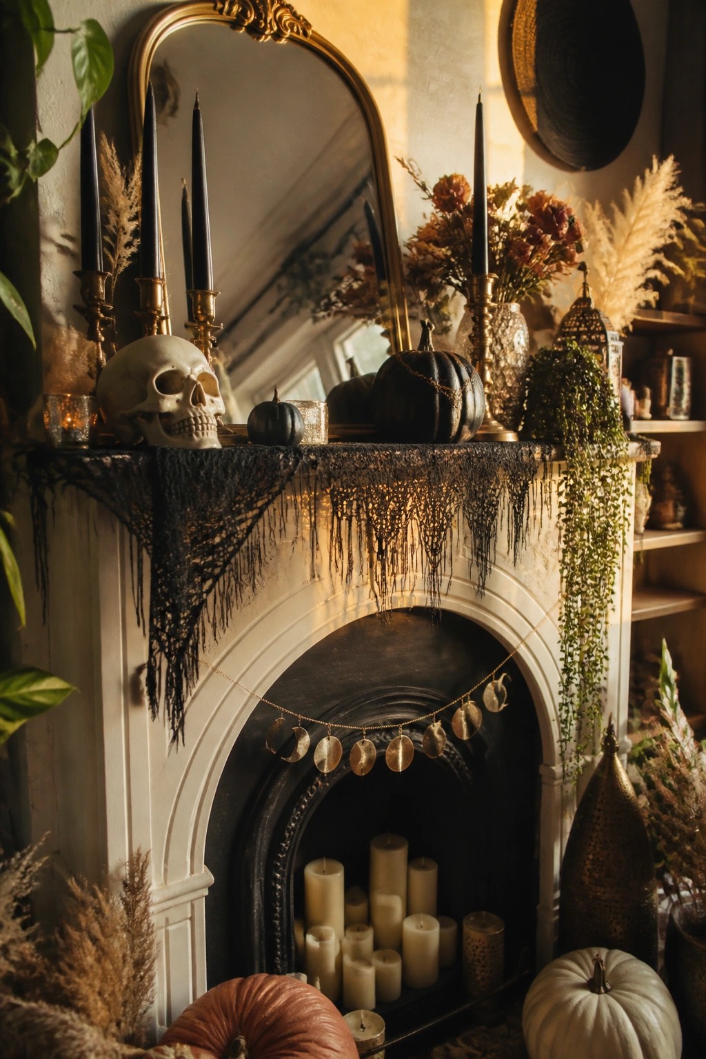 White fireplace mantel styled for Halloween with a skull, black candles, black pumpkins, a lace runner, and a moon phase garland.
