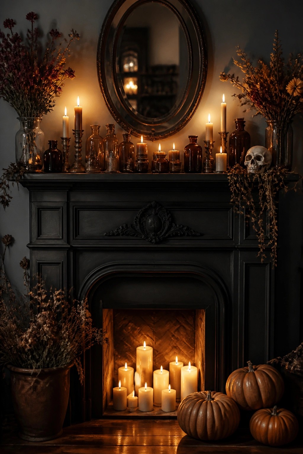 Dark fireplace mantel with lit candles, glass bottles, skull, dried flowers, and pumpkins