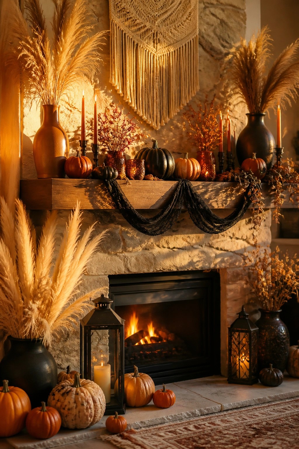 Stone fireplace with wooden mantel decorated with orange and black pumpkins, lit candles in holders, black lanterns, and pampas grass.