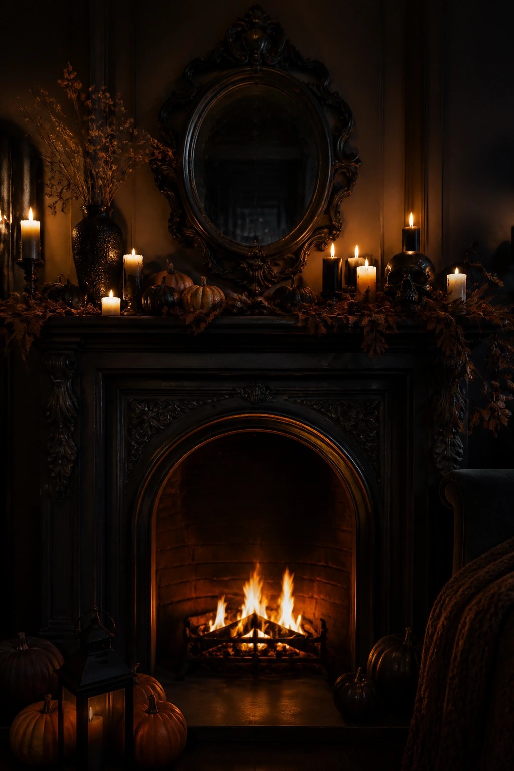 Gothic fireplace with fire, ornate mirror, candles, pumpkins, skull, and autumn leaves.