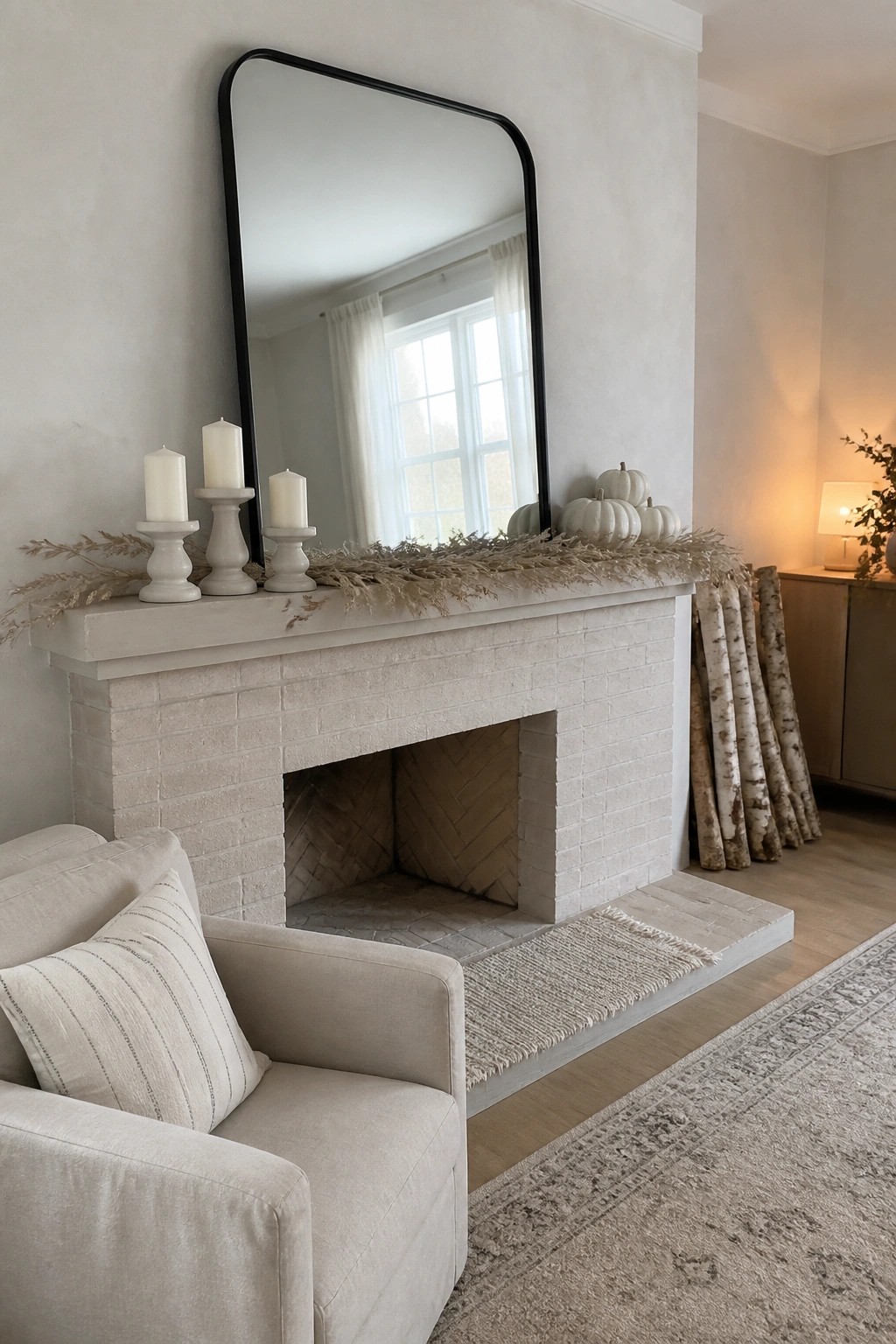 A white brick fireplace with a mantel holding white candles on stands, dried grasses, and several white pumpkins, plus a black-framed mirror above.