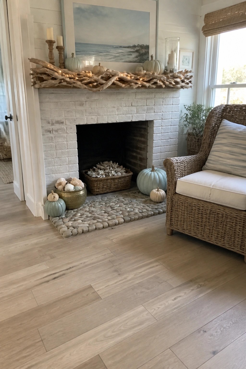 White brick fireplace with pumpkins, driftwood lights, and wicker chair on wood floors